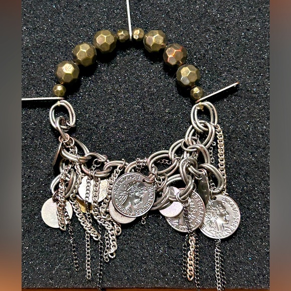 Source Unknown Jewelry - Boho Grey SilverTone France French Coin 1808 Hoop Chain Dangle Bracelet …